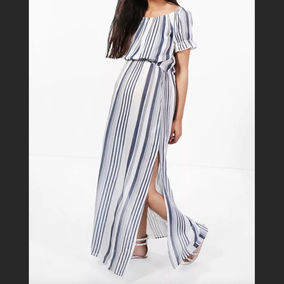 Linen Maxi Dress High Slit w/ Elastic Waistband Blue and White Stripes - Picture 2 of 7